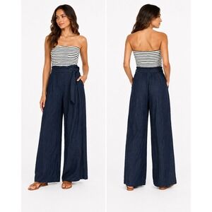 Free Market Jumpsuit Womens S‎ Blue Striped Strapless Wide Leg Nautical Romper